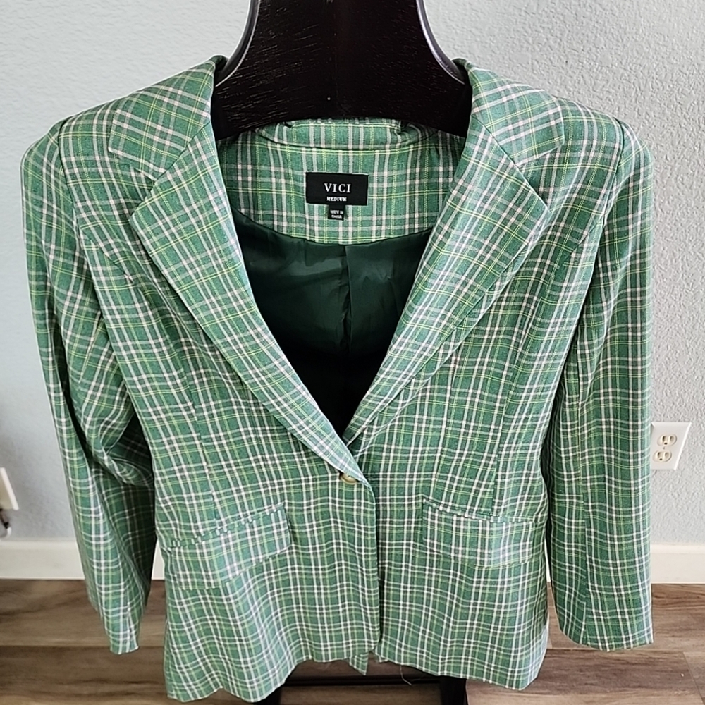 Vici Green Pink Plaid Mid Length Blazer Jacket One Button Medium - Picture 5 of 12